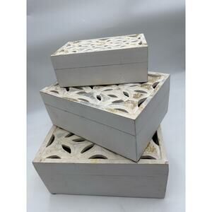 Leila's Home Living  Hand Carved Wooden Set of 3 Box / color white / NWB.
